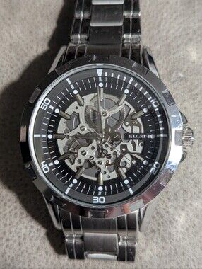 Unisex Silver & Black Skeleton Dial Quartz Watch by Elgin